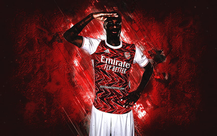 Nicolas Pepe, Arsenal FC, Ivorian footballer, portrait, red stone background, football for with resolution . High Quality, Nicolas Pépé HD wallpaper