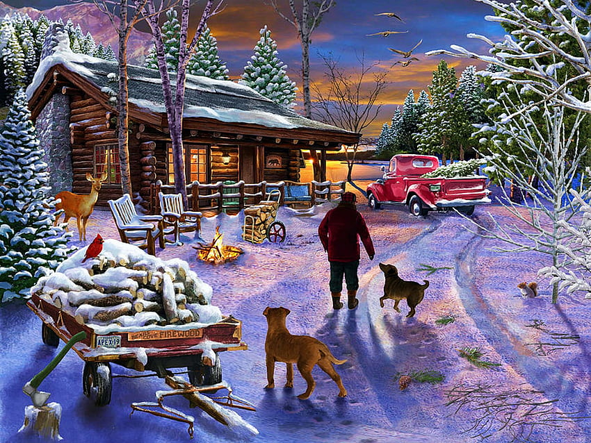Winter Refuge, painting, snow, man, car, trees, dogs, cabin HD wallpaper