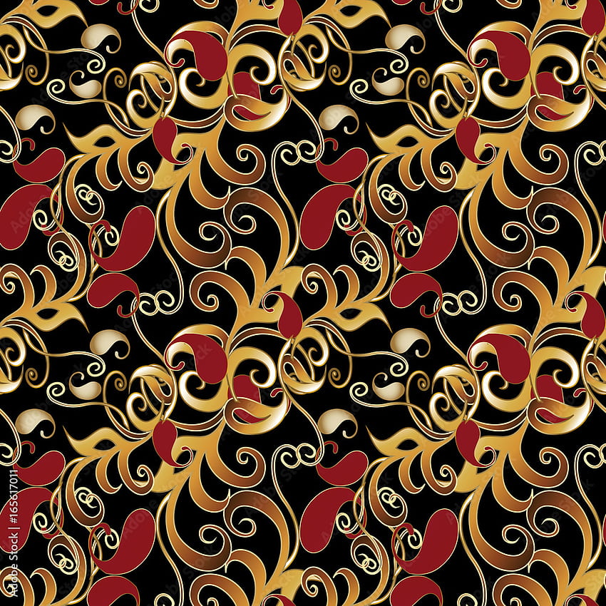 페이즐리 원활한 패턴입니다. 빈티지 골드 레드 페이즐리 꽃과 동양 아랍 장식품이 있는 검은색 꽃 배경 입니다. 섬유, 인쇄, 벽을 위한 고급 패브릭 패턴 질감 스톡 벡터 HD 전화 배경 화면