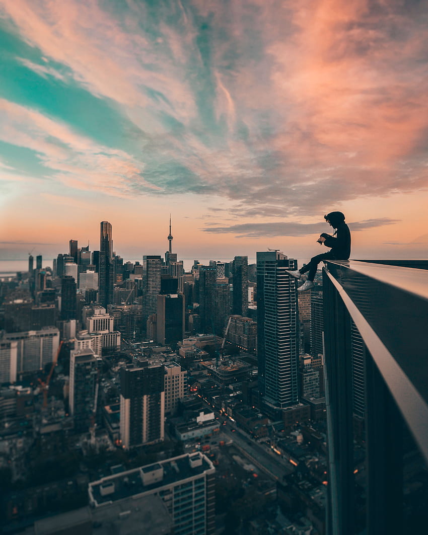 Städte, Wolkenkratzer, Höhe, Mensch, Person, Dach HD-Handy-Hintergrundbild