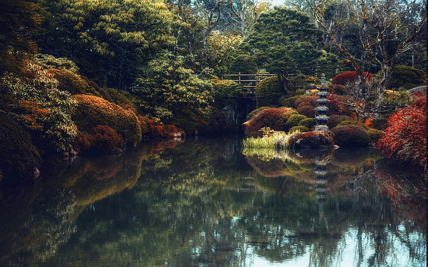 nature, Landscape, Japanese, Garden, Trees, Shrubs, Bridge, Water Garden HD wallpaper