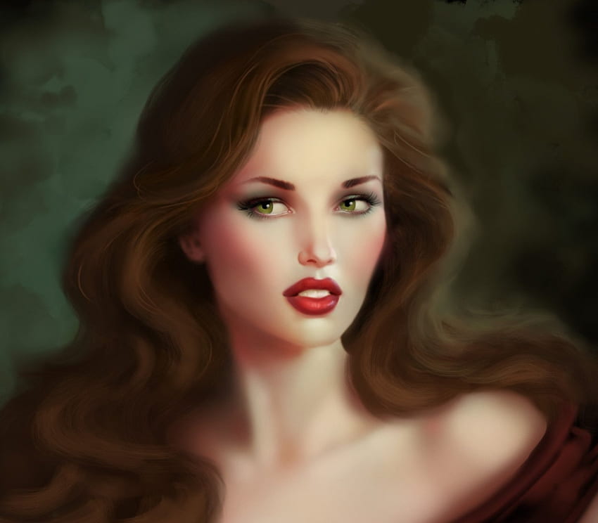 Beautiful Woman, red lips, fantasy, face, beautiful, green eyes, woman HD wallpaper