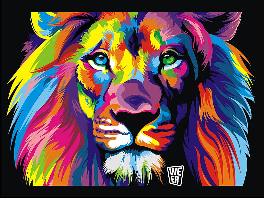 : ライオンの絵、カラフル、黒の背景、動物、アートワーク、デジタル アート、抽象的なライオン アート 高画質の壁紙