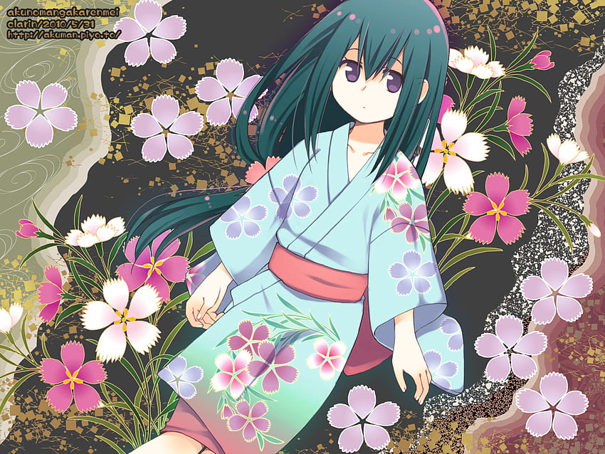 little girl with the flowers, blue, kimono, cute, beautiful, black hair, anime girl, purple, pink, anime, pretty, flowers HD wallpaper