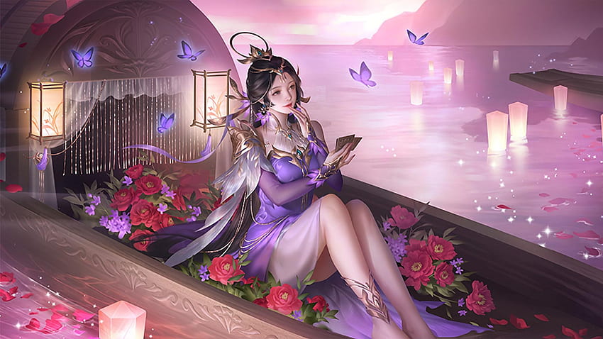 Girl in Boat, digital, art, fantasy, flowers, girl, woman, boat, , beautiful, purple HD wallpaper