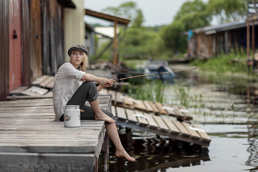 Alice Tarasenko Fishing, model, blonde, pond, fishing HD wallpaper