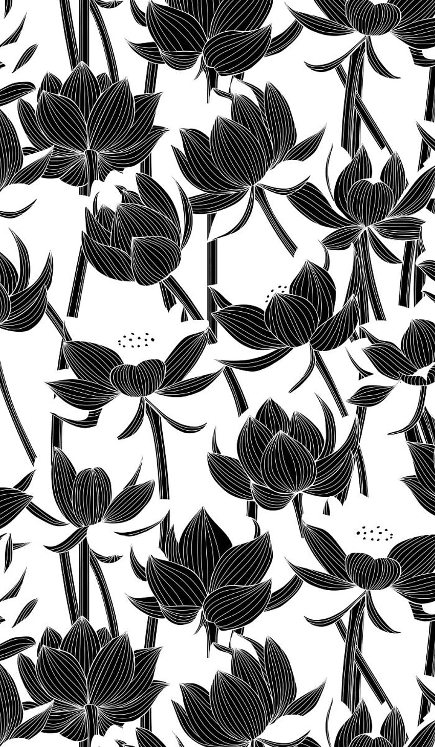 Kwiatowy czarno-biały wzór z kwiatami lotosu. Bezszwowe wektor ozdoba. Kwiaty grafiki liniowej, tło kwiatowe, kwiatowy rysunek Tapeta na telefon HD