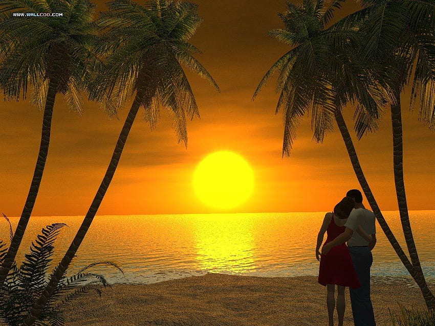 Download Anime Couple Kiss During Beautiful Sunset Wallpaper