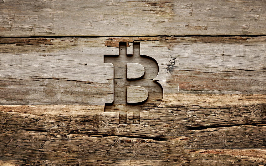 Logo kayu Bitcoin,, latar belakang kayu, cryptocurrency, logo Bitcoin, kreatif, ukiran kayu, Bitcoin Wallpaper HD