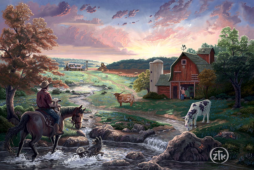 心の奥底、犬、納屋、馬、人、家、牧草地、アートワーク、牛、絵画 高画質の壁紙