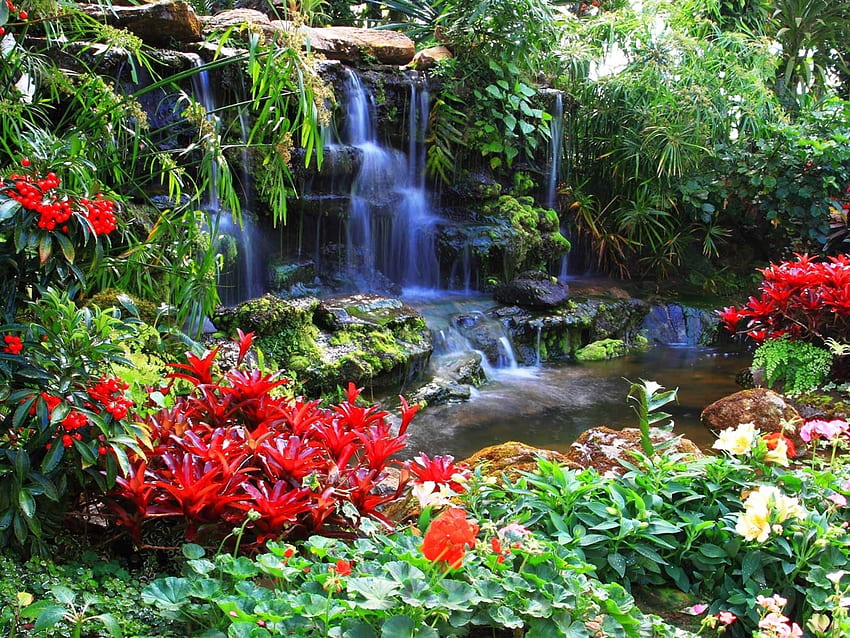Vancouver Island British Columbia Canada Waterfall in Budget Gardens Ornamental With Variety Red Flowers Rocks Green Beautiful Waterfall HD wallpaper