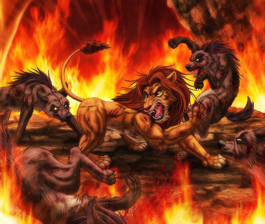 Simba, Pride Rock'ta Sırtlanlarla savaşıyor. Aslan Kral HD duvar kağıdı