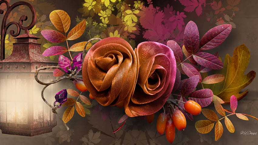 Есенна светлина, въже, рози, лампа, есен, горски плодове, канап, злато, лилаво, сезон, листа, светлина, есен, цветя, листа HD тапет
