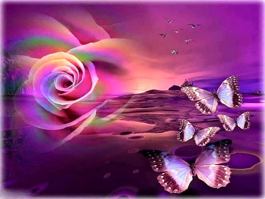 Pétalos y alas, púrpura, mariposas, resumen, rosas. fondo de pantalla