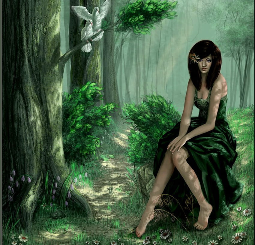 фантазия момиче, гълъби, зелено, дървета, цветя, момиче, гора HD тапет