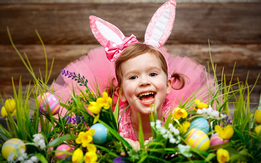 Wesołych Świąt!, jajko, kolorowy, dziewczyna, copil, króliczek, różowy, kwiat, uszy, karta, Wielkanoc, dziecko Tapeta HD