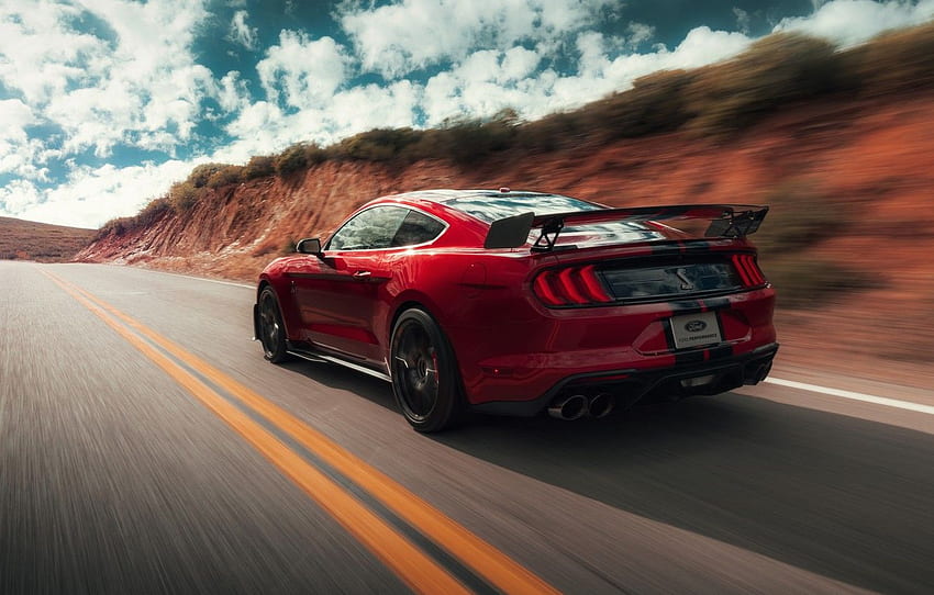 road, machine, the sky, asphalt, clouds, strips, Ford Mustang Shelby GT500 HD wallpaper
