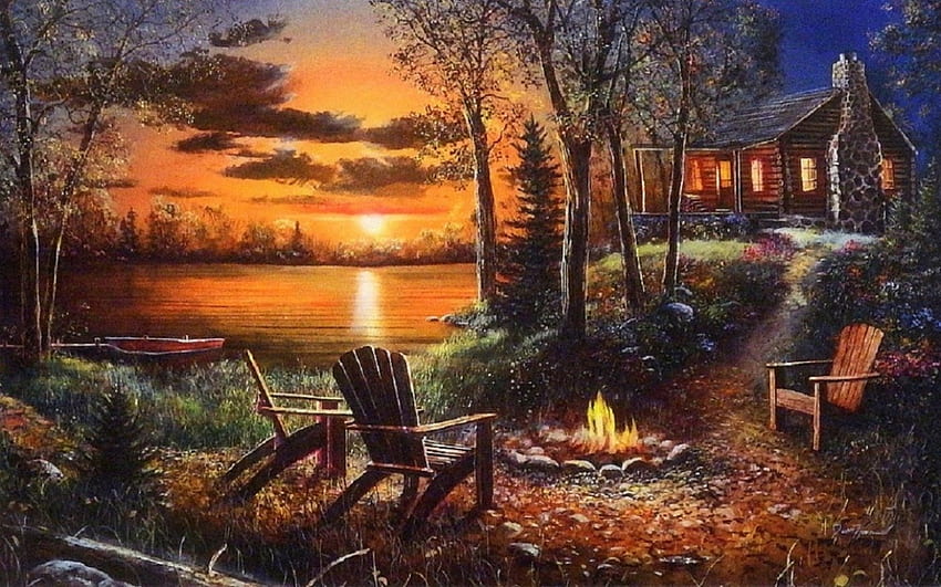 Glowing Fireside, cinta empat musim, danau, bercahaya, kabin, meng dan melukis, alam, lukisan, api Wallpaper HD