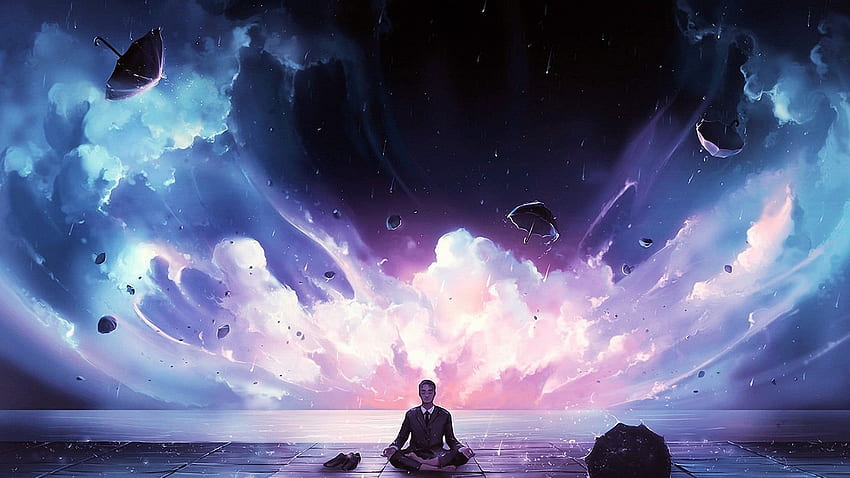 Hombre con chaqueta de traje negro, arte de fantasía, meditación, portátil de meditación fondo de pantalla