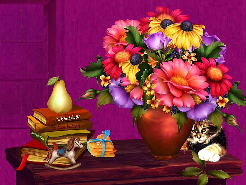 Flowery, autumn, still life, flowers, cat HD wallpaper