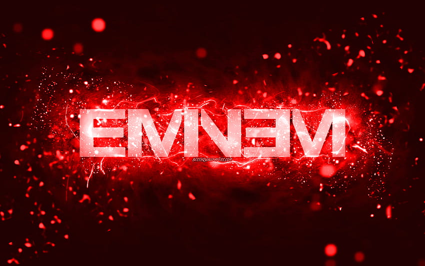 โลโก้สีแดง Eminem, แร็ปเปอร์อเมริกัน, แสงนีออนสีแดง, ความคิดสร้างสรรค์, พื้นหลังนามธรรมสีแดง, Marshall Bruce Mathers III, โลโก้ Eminem, นักดนตรี, Eminem วอลล์เปเปอร์ HD