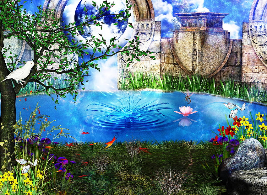 El estanque @ tierra de fantasía, genial, pájaro, fantasía, estanque fondo de pantalla