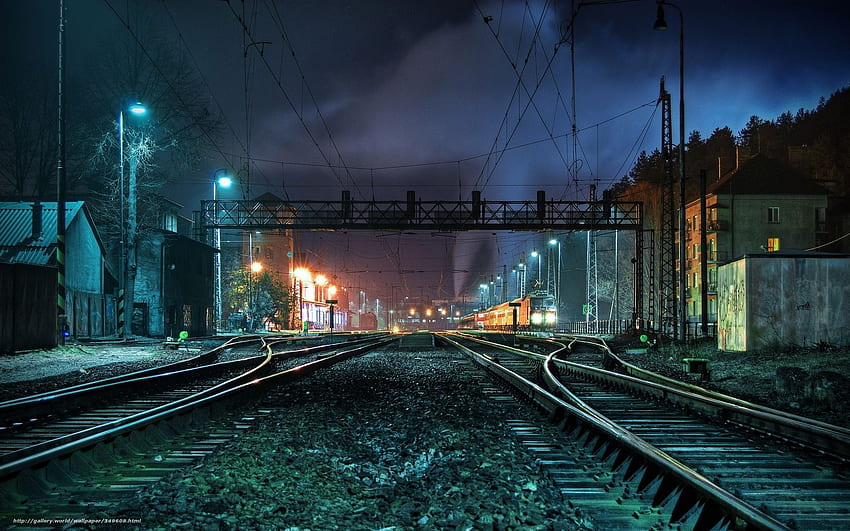 Railway station, Rails, night, train in the resolution HD wallpaper
