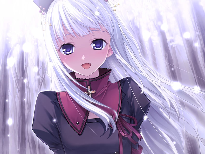 Kumigami Hiyo, game cg, blue eyes, anime, white hair, long hair, dress HD wallpaper