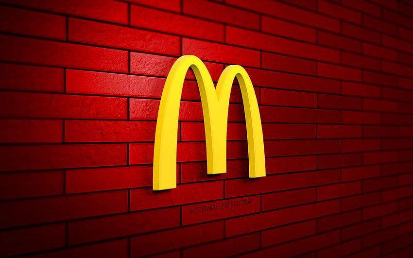 3D лого на McDonalds, червена тухлена стена, творчески, марки, лого на McDonalds, 3D изкуство, McDonalds HD тапет