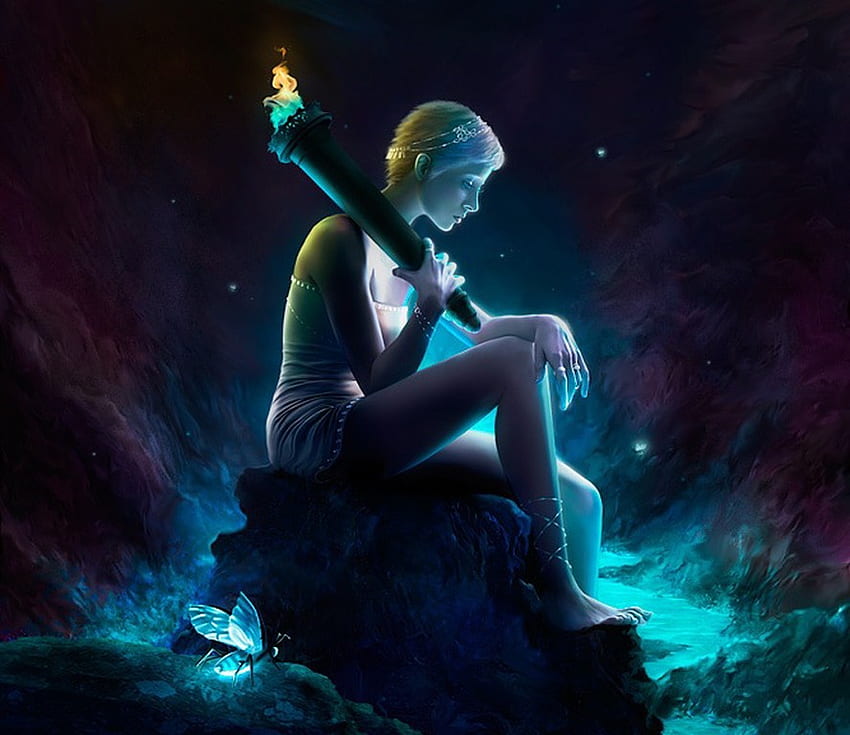 An old flame, blue, girl, flame, torch HD wallpaper
