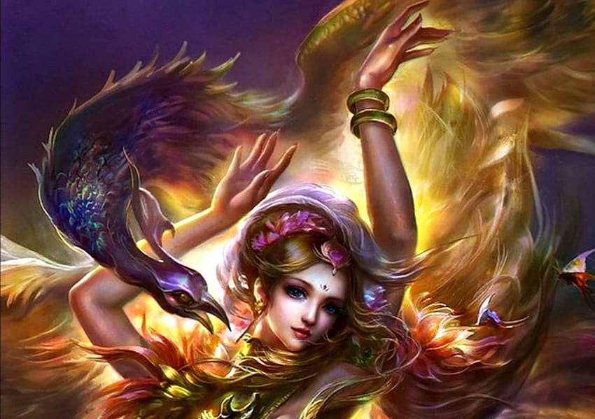 Phoenix Lady, golden, phoenix, asian, bird, art, girl, beauty, woman, purple, feather, fantasy, wing, yellow, luminos, fire HD wallpaper