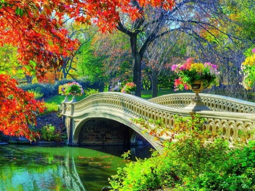 Bridge To Autumn, architecture, fall, trees, bridge, autumn, lake HD wallpaper