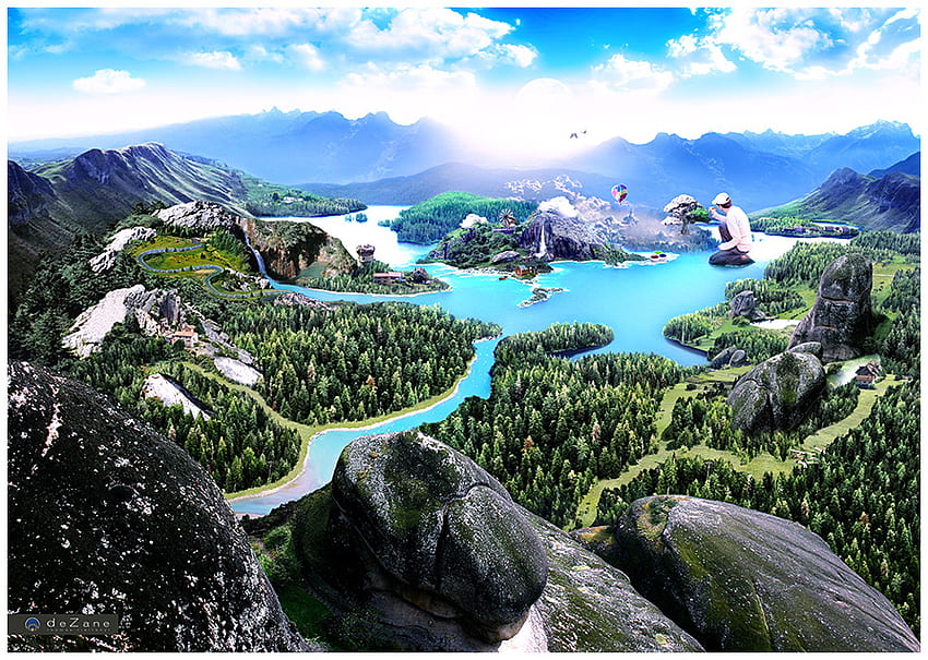 My Own World, man, trees, sky, hot air balloon, mountains, lake HD wallpaper