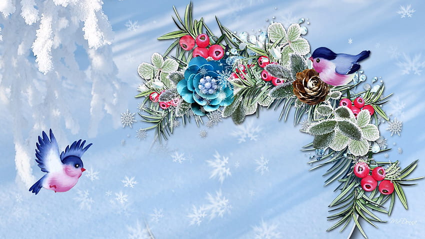 Winter So Sweet, azul, inverno, geada, pássaros, feliz navidad, whimiscal, bagas, fofo, ganhos, colagem, cones, neve, natal, flores papel de parede HD