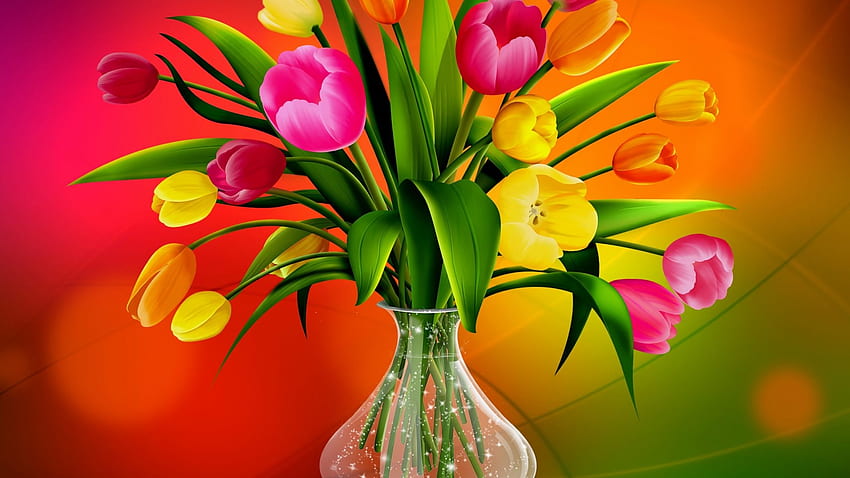 Tulips in a vase, art, vase, colors, orange, pink, painting, abstract, bright, green, yellow, red, flowers, happy HD wallpaper