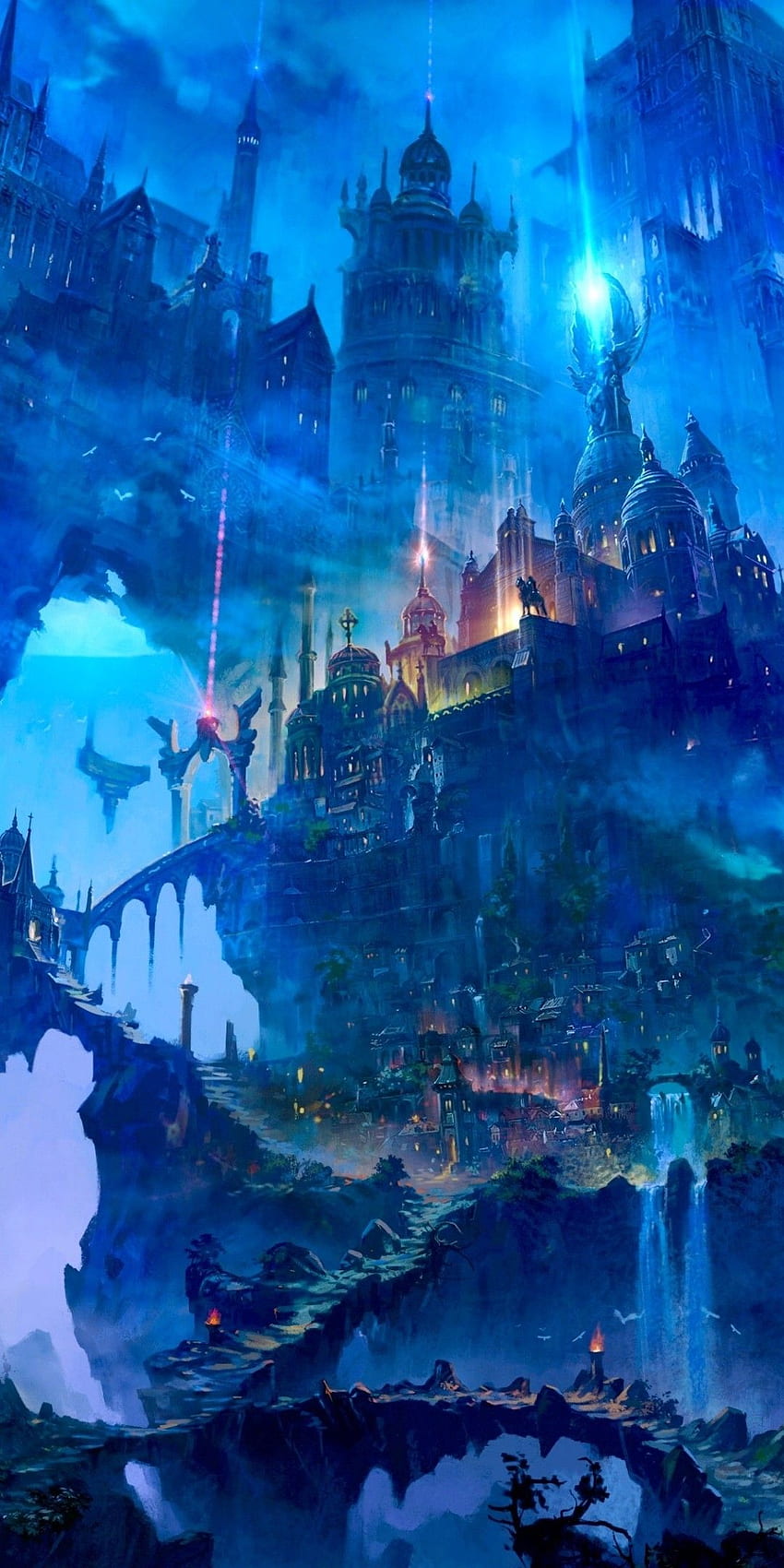ファンタジーの城, 騎士, 滝, 魔法の HD電話の壁紙