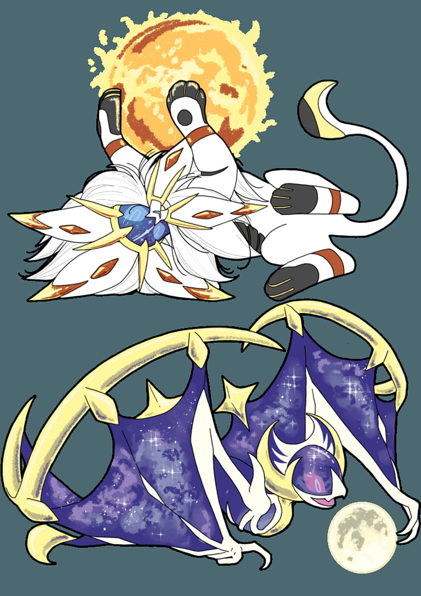 lunala, solgaleo, and necrozma (pokemon) drawn by mokunami