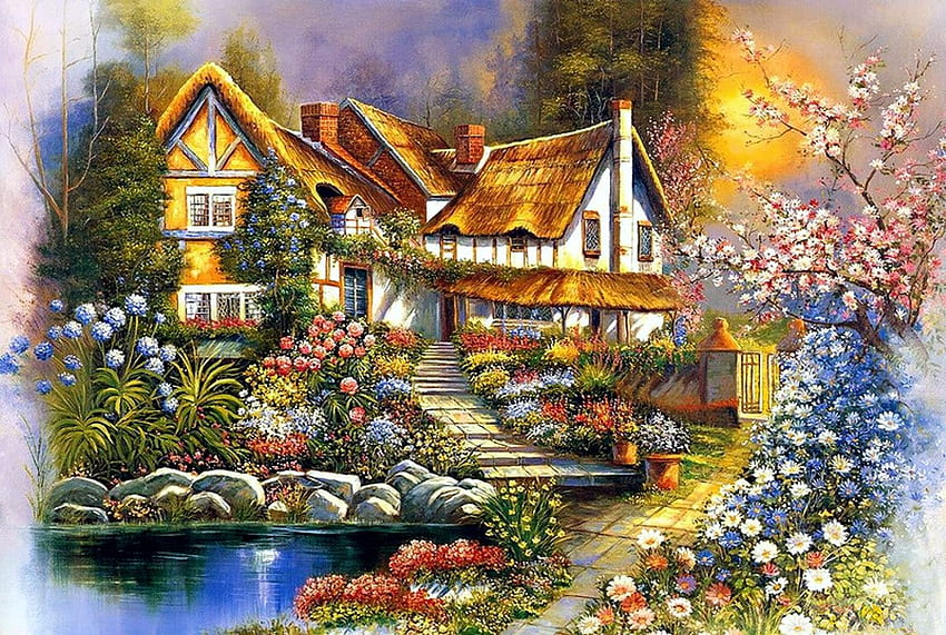 Summer Cottage, artwork, painting, path, garden, flowers, pond HD wallpaper