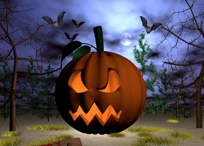 Evil Pumpkin Face, full moon, halloween, trees, pumpkin face, bats HD wallpaper
