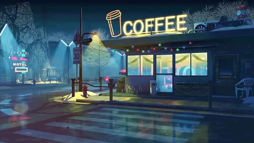 夜の喫茶ライブ、アニメショップ 高画質の壁紙