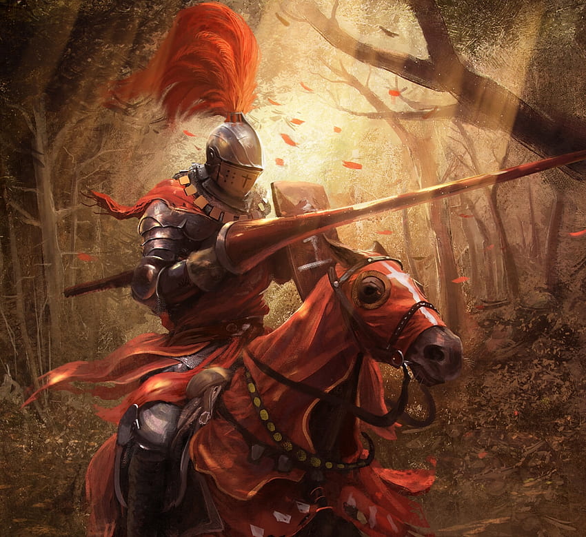Ksatria, kuda, seni, pria, raymond minnaar, kal, baju besi, fantasi, merah Wallpaper HD
