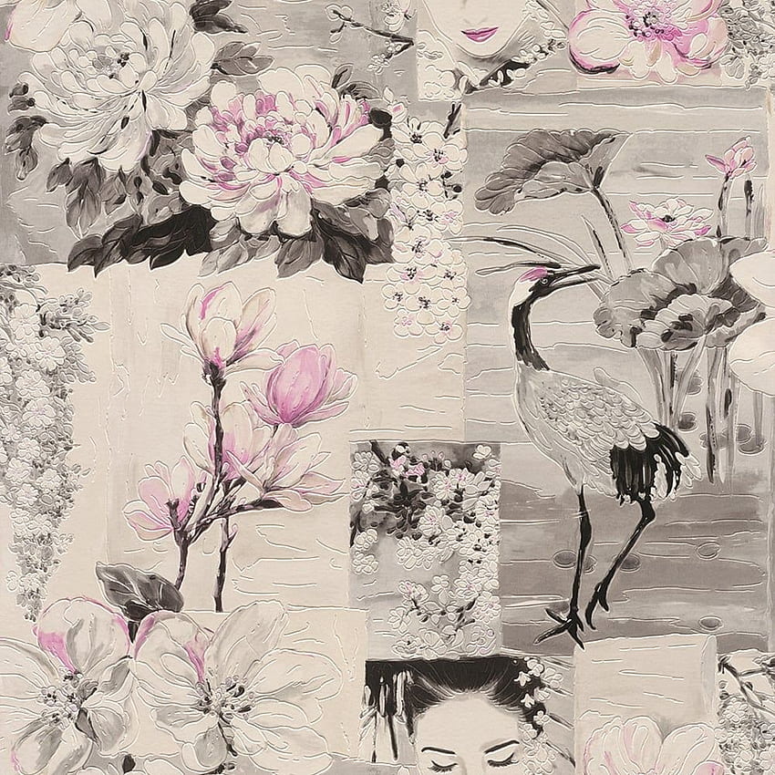 Rasch Oriental Flower Pattern Japan Bird Motif Embossed HD phone wallpaper