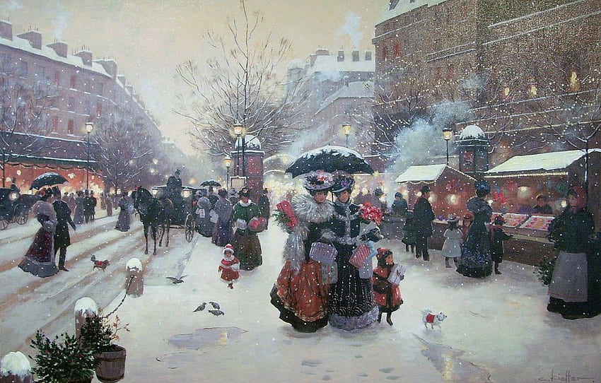 winter, holiday, ladies, street, France, Paris, Christmas, gifts, New year, painting, market, Winter Pleasures, Christa Kieffer for , section живопись HD wallpaper
