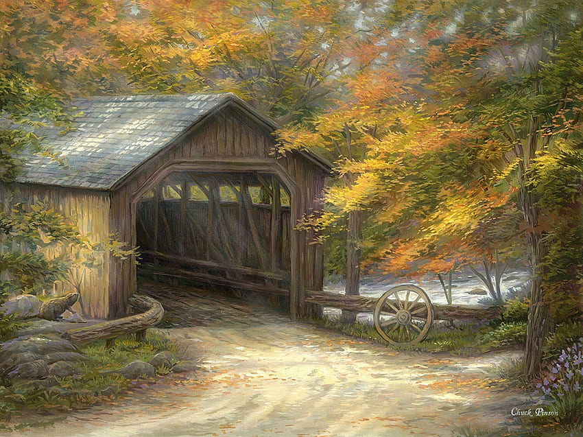 Autumn Bridge, river, path, fall, colors, artwork, painting, covered bridge, fence, trees HD wallpaper