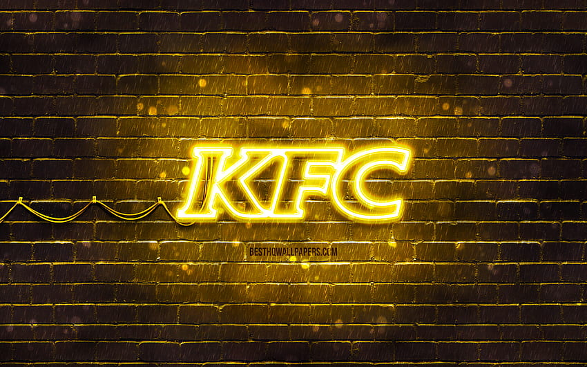 KFC yellow logo, , yellow brickwall, KFC logo, brands, KFC neon logo, KFC HD wallpaper