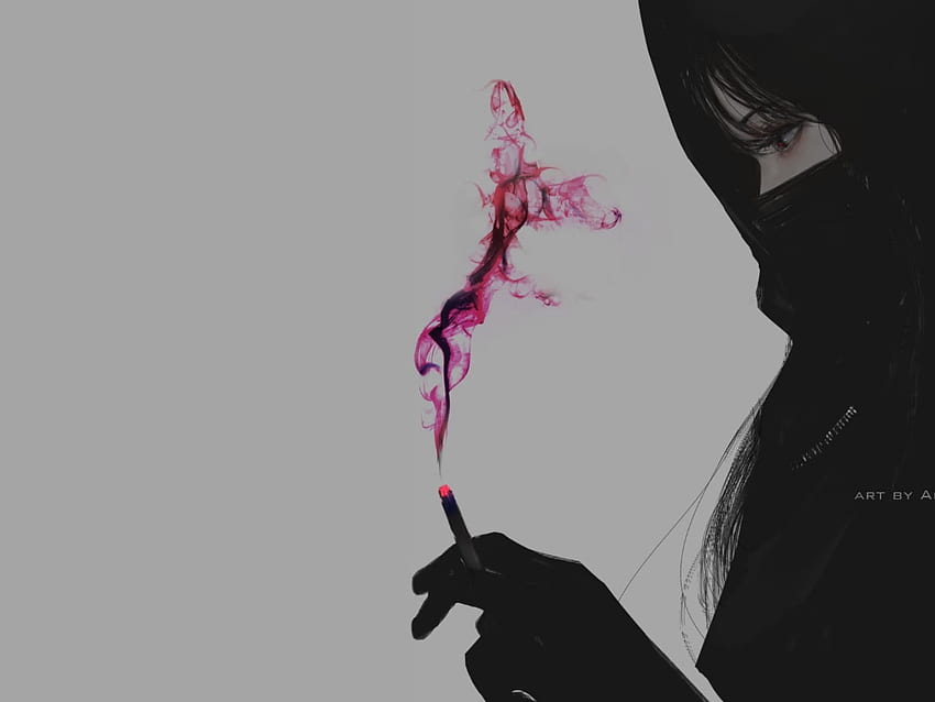 Aoi Ogata, 단순한 배경, 회색 배경, 연기, 흡연 • For You, Anime Girl Smoke HD 월페이퍼