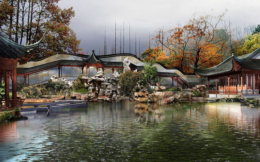 Houses: Japanese Garden Pond Houses Water Plants Digital Art Wide HD wallpaper