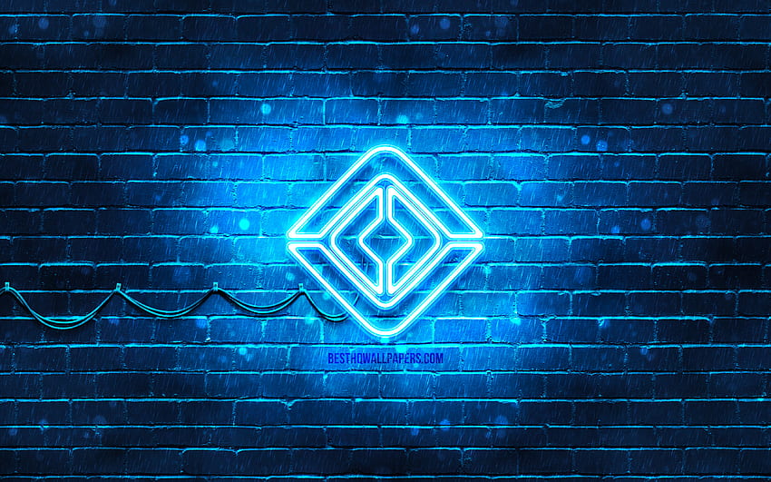 Rivian blue logo, , blue brickwall, Rivian logo, cars brands, Rivian neon logo, Rivian HD wallpaper