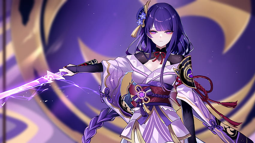 Purple Eyes Hair Baal Raiden Shogun With Sword Genshin Impact HD wallpaper