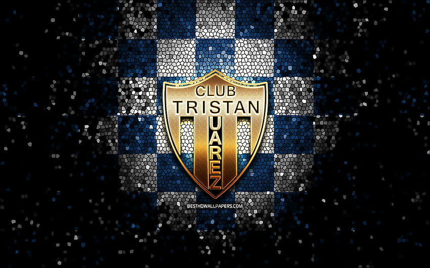 CSyD Tristan Suarez, glitter logo, Primera Nacional, blue white checkered background, soccer, argentinian football club, CSyD Tristan Suarez logo, mosaic art, Club Almagro, football, Tristan Suarez FC HD wallpaper